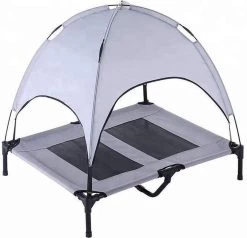 Dogs&Co Honden Ligbed Met Zonnedak Grijs 76x61x18cm Hoogte Incl Dak 100cm – Hondenbed Stretcher Met UV Canopy – Hondenstretcher Met Zonnetent