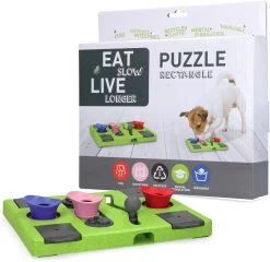 Eat Slow Live Longer Puzzel Rectangle – Intelligentie Speelgoed Voor Honden – Interactief Hondenspeelgoed – Uitdagende Hondenpuzzel – Gerecyclede Materialen – Te Vullen Met Snacks – 25x26x5 Cm – Groen