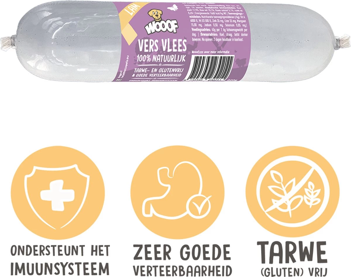 WOOOF Verse Lam Worst – Hondenworst – Honden Natvoer – Lam – 10 X 800 Gram 3 WOOOF Verse Lam Worst – Hondenworst – Honden Natvoer – Lam – 10 X 800 Gram
